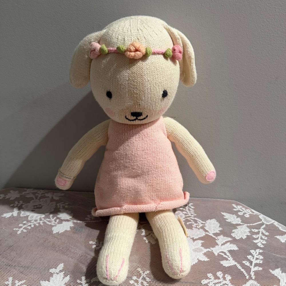 cuddle + kind Charlotte the Dog Plush Toy Kids 13in Cream Pink Knit Handmade